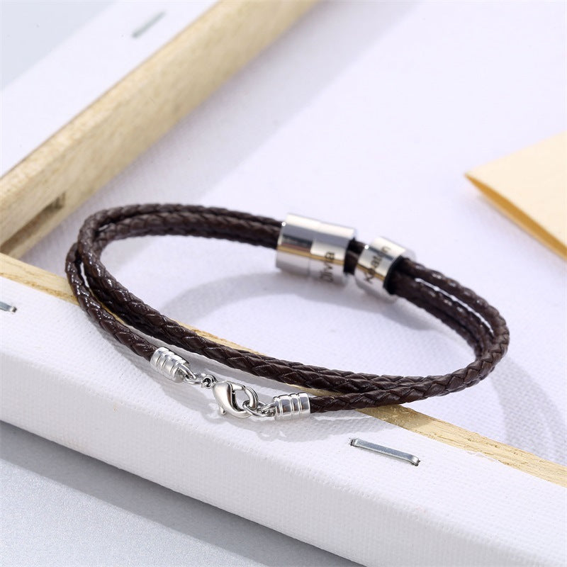 Men's Leather Braided Bracelet Multilayer Making DIY Letters Titanium Steel Beads Engravable Name Bracelet Gift