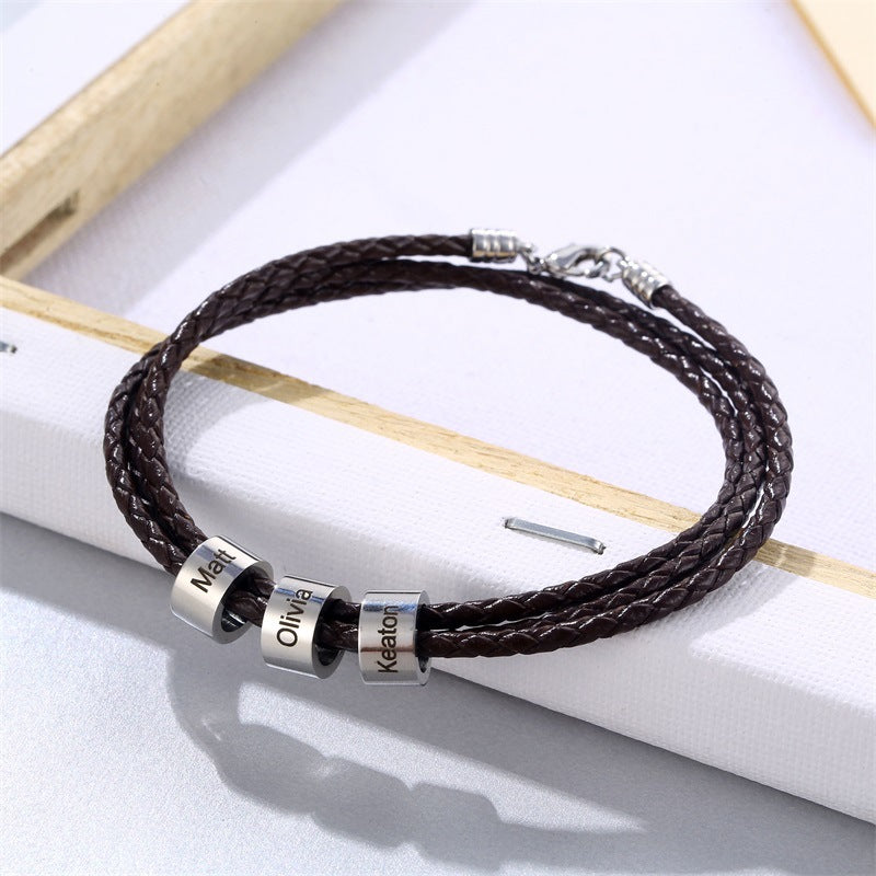 Men's Leather Braided Bracelet Multilayer Making DIY Letters Titanium Steel Beads Engravable Name Bracelet Gift